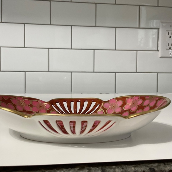 VTG RS Silesia Ruby Oval Handled Bowl With Pink Flowers Gold Trim - Picture 4 of 7